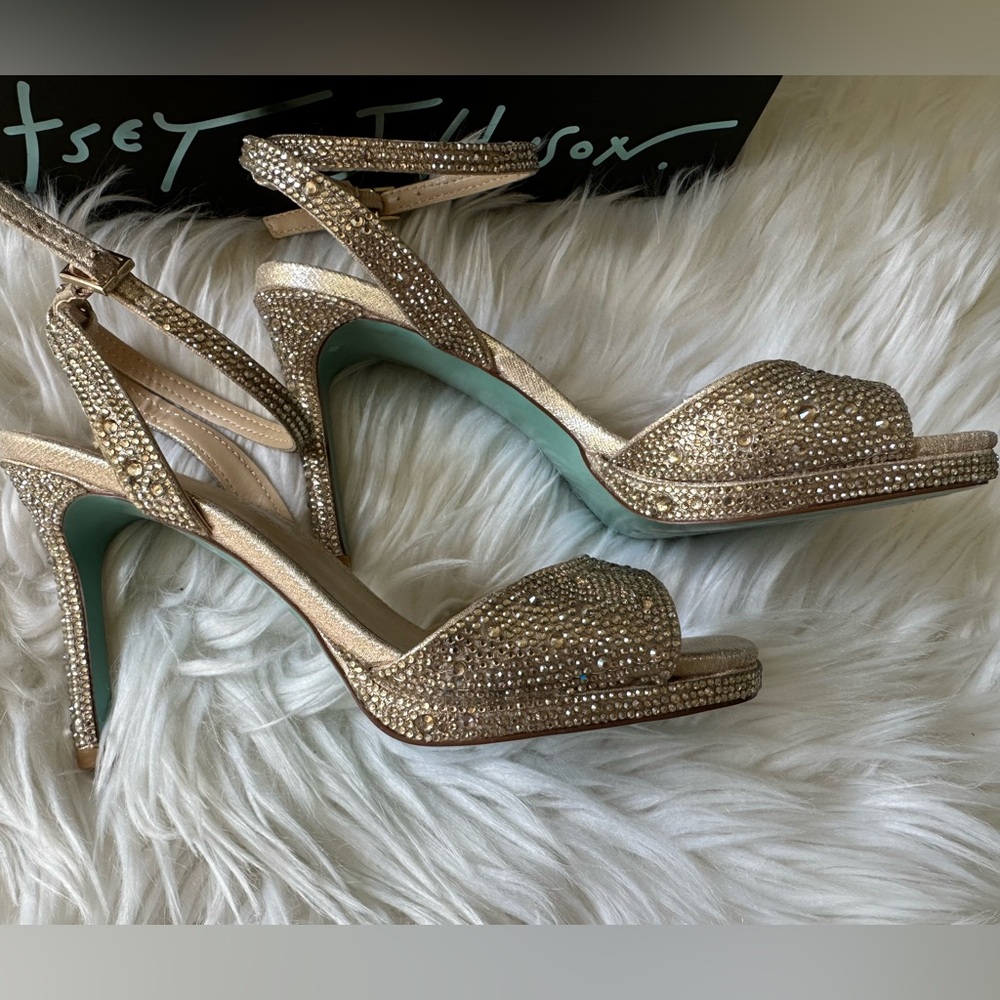 Betsey Johnson Gold Rhinestone Heels in size 6.5.